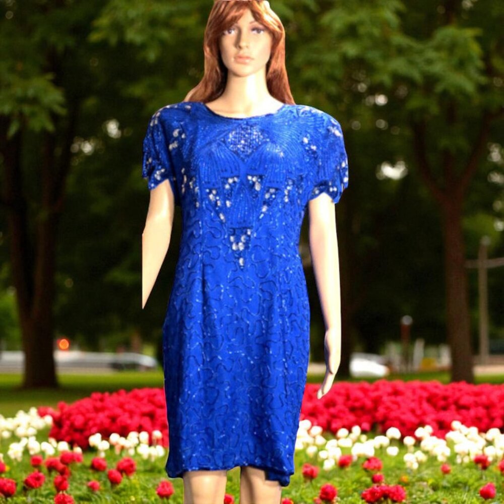 Blue Silk Beaded Cocktail Dress